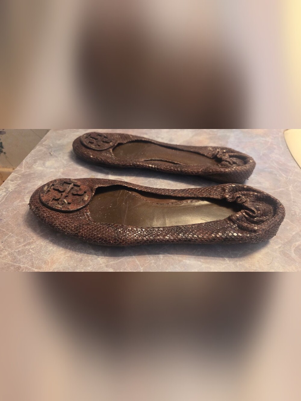 Tory Burch Brown Snakeskin-Effect Elastic-Back Ballet Flats - Picture 4 of 6